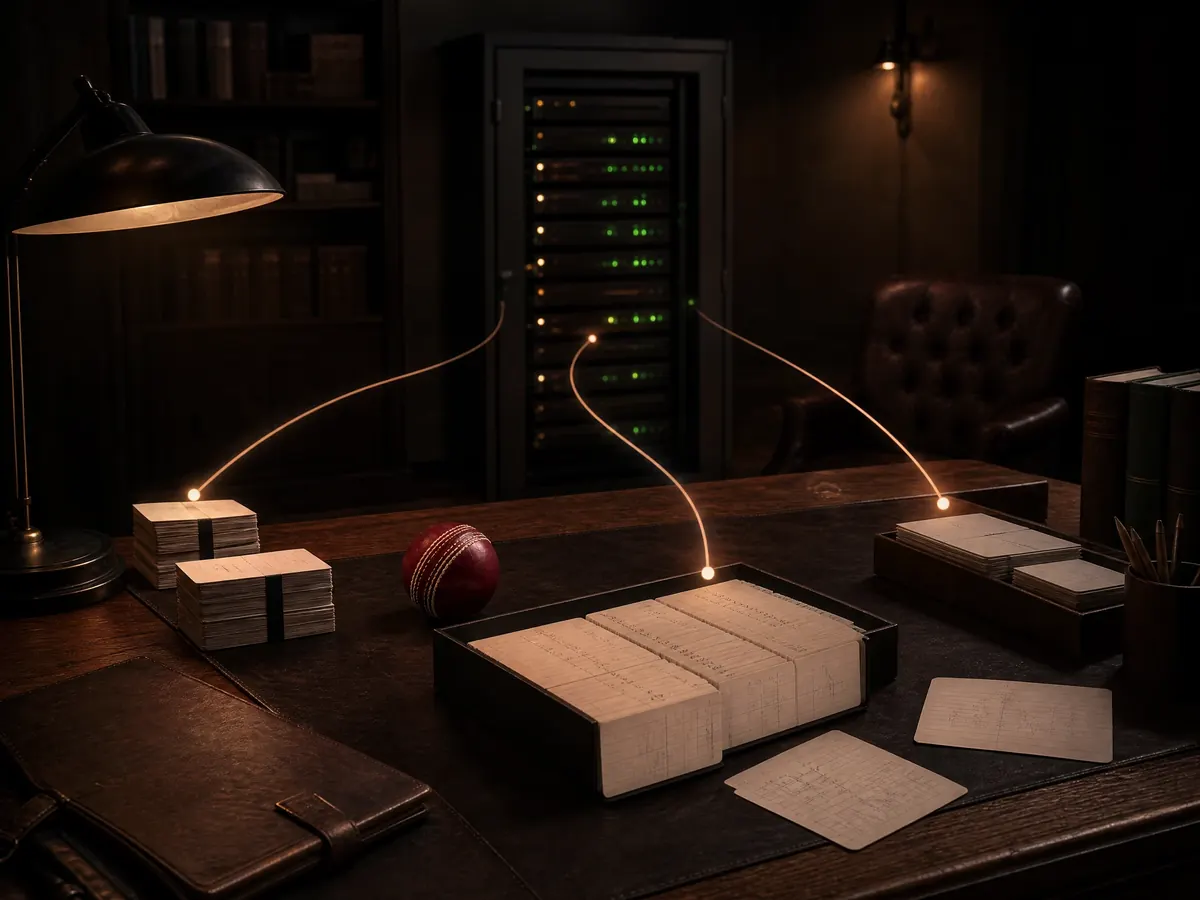 Cricket ball and paper record cards at a secure, unbranded data operations desk