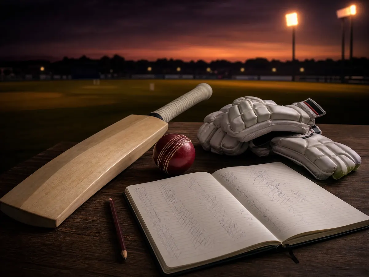 Unbranded cricket bat, ball, gloves and a scorekeeper notebook beside a dusk cricket ground